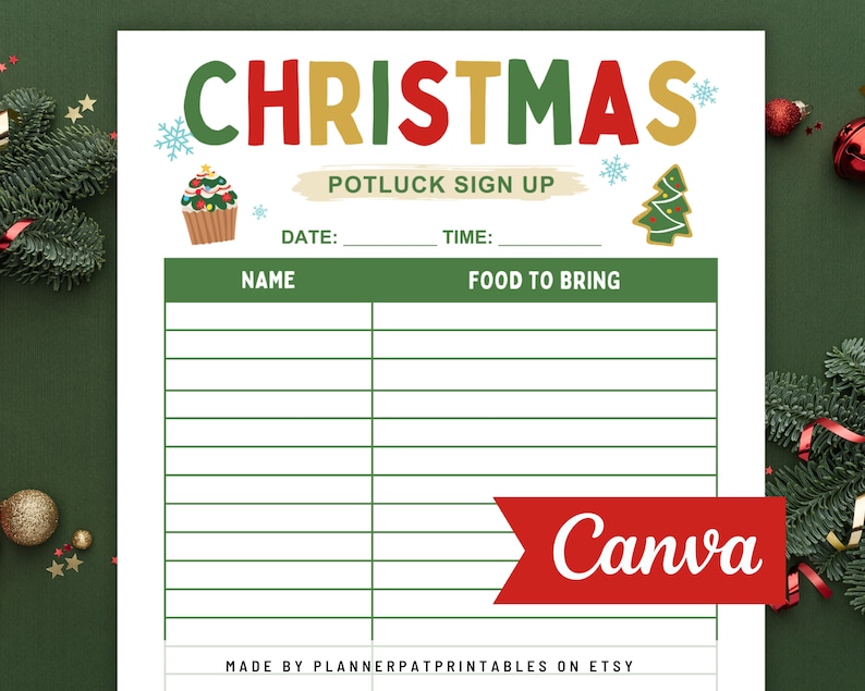 Christmas Potluck Sign Up Sheet Printable, Space to write date time name and food to bring, Sizes US letter and A4