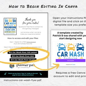 May include: A yellow circle highlights a section of a document with instructions on how to edit a car wash flyer template in Canva. The document includes a list of different flyer sizes, including US Letter, A4, and 5x7 inches. The document also includes a link to a PDF file titled "Instructions-car-wash-flyer.pdf".
