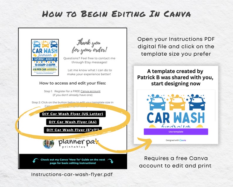 May include: A yellow circle highlights a section of a document with instructions on how to edit a car wash flyer template in Canva. The document includes a list of different flyer sizes, including US Letter, A4, and 5x7 inches. The document also includes a link to a PDF file titled "Instructions-car-wash-flyer.pdf".