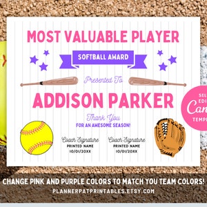 DIY Softball Award Certificate End of Season Canva Editable Template Printable