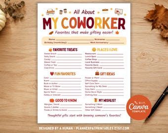 Fall Coworker Favorites Questionnaire, Editable Employee Gift Guide Canva Template