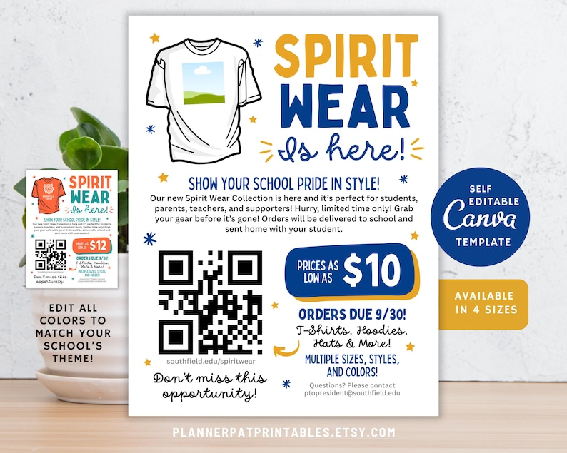 Editable Spirit Wear Flyer Template created in Canva for school apparel fundraisers. Features customizable layout for PTO/PTA spirit wear sales, including T-shirt order form, school colors, and space for shirt design. Printable and easy to personalize for Back to School, Spirit Week, or Fall Fest. Template sizes include 8.5x11in, A4, 11x14in, or 16x20in