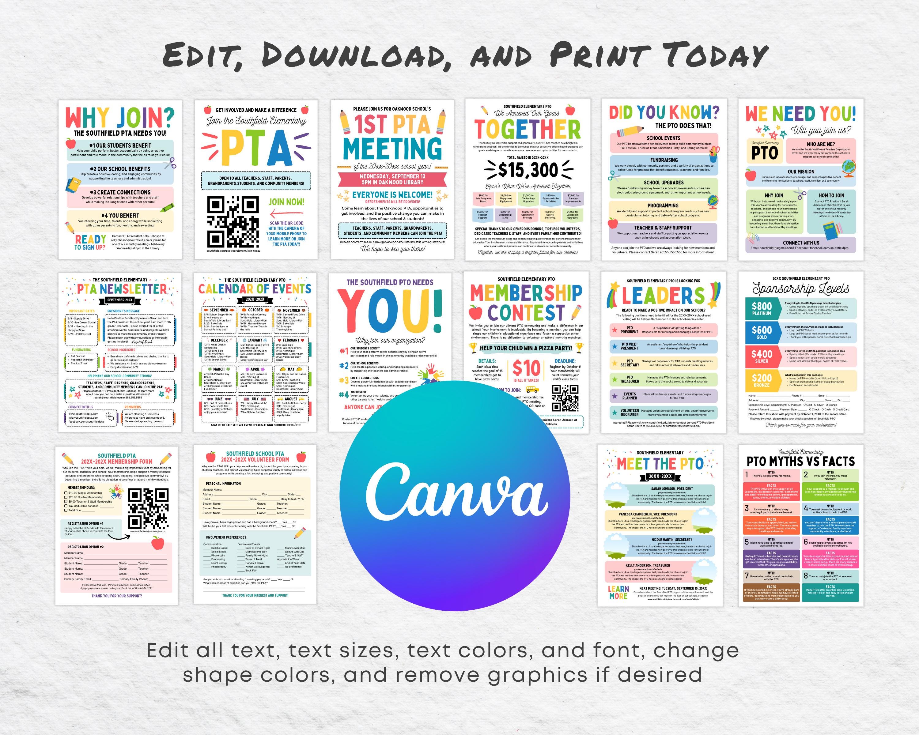 PTA PTO Flyer and Forms Bundle, 16 Editable Templates - Etsy