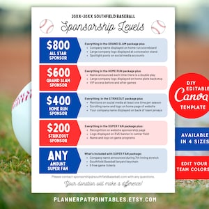 Formulário de Níveis de Patrocínio de Beisebol Modelo Editável, Menu de Patrocinadores, Canva