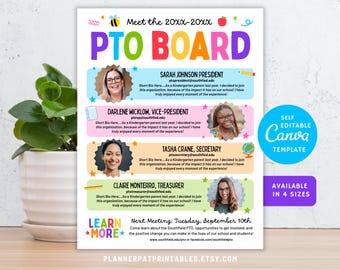 May include: A vibrant PTO board template with the title "PTO BOARD" in large, multi-coloured letters. The board includes photos and names of officers, contact information, and details about the next meeting. Available in 4 sizes.