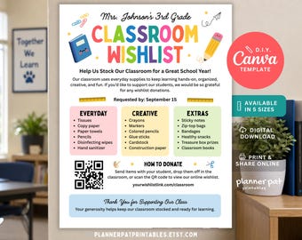 Classroom Wishlist Flyer Template, Editable Teacher Supply Donation Sign (Canva)