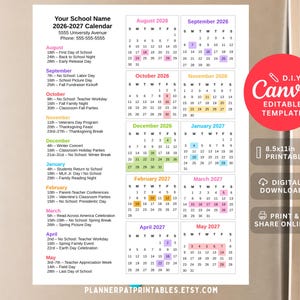 May include: A school calendar template for the 2026-2027 academic year, featuring monthly grids with dates and school events. The 8.5x11 inch printable calendar includes a DIY Canva editable template, digital download, and print & share online options.