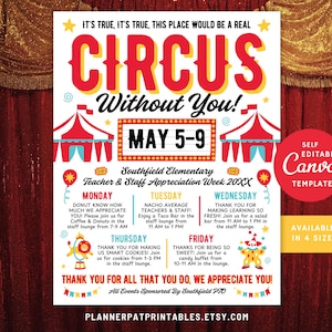 Circus Theme Teacher Appreciation Week Itinerary Flyer (Canva Template)