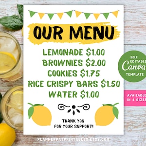 Bearbeitbares Lemonade Stand Menu zum Ausdrucken, Kids Lemonade Pricing Schild, Canva