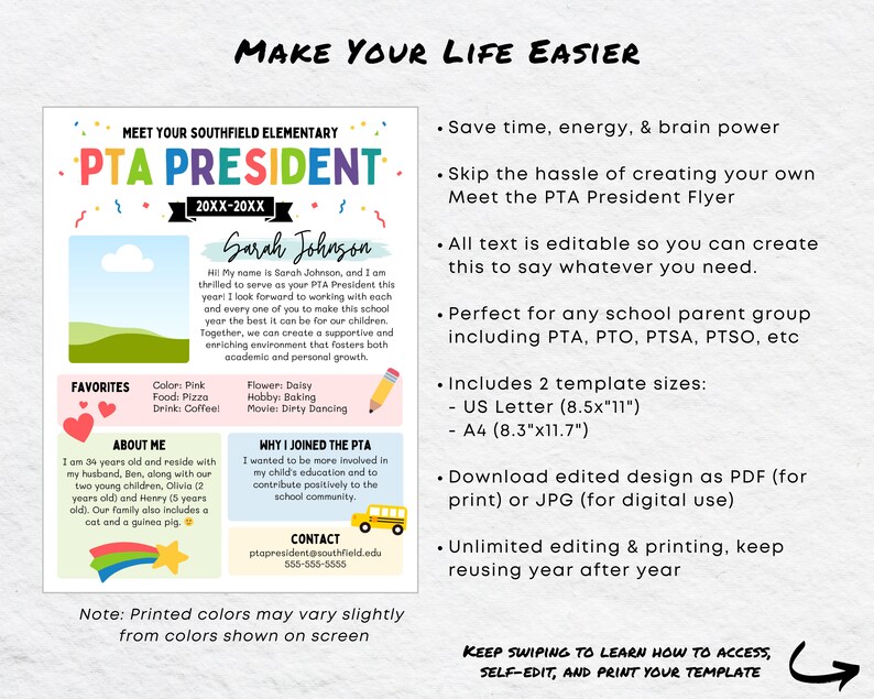 Meet the PTA President Flyer: Back to School Parent Group Welcome Sign ...