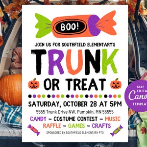 Może przedstawiać: Kolorowa, drukowalna ulotka na wydarzenie Trunk or Treat w szkole podstawowej Southfield. Ulotka zawiera grafikę w kształcie cukierka z napisem "BOO!" w środku. Wydarzenie zaplanowano na sobotę, 28 października o godzinie 17:00. Ulotka zawiera również informacje o wydarzeniu, takie jak słodycze, konkurs przebrań, muzyka, loteria, gry i rękodzieło. Ulotka jest oznaczona jako samodzielnie edytowalny szablon Canva.