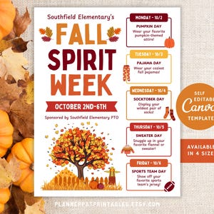 Könnte beinhalten: Druckbarer Herbst-Spirit-Wochenplan für die Grundschule. Der Plan beinhaltet tägliche Themen wie Kürbis-Tag, Pyjama-Tag, Socktober-Tag, Pullover-Tag und Sport-Team-Tag. Das Design zeigt eine herbstliche Illustration mit einem Baum, Kürbissen und Blättern.