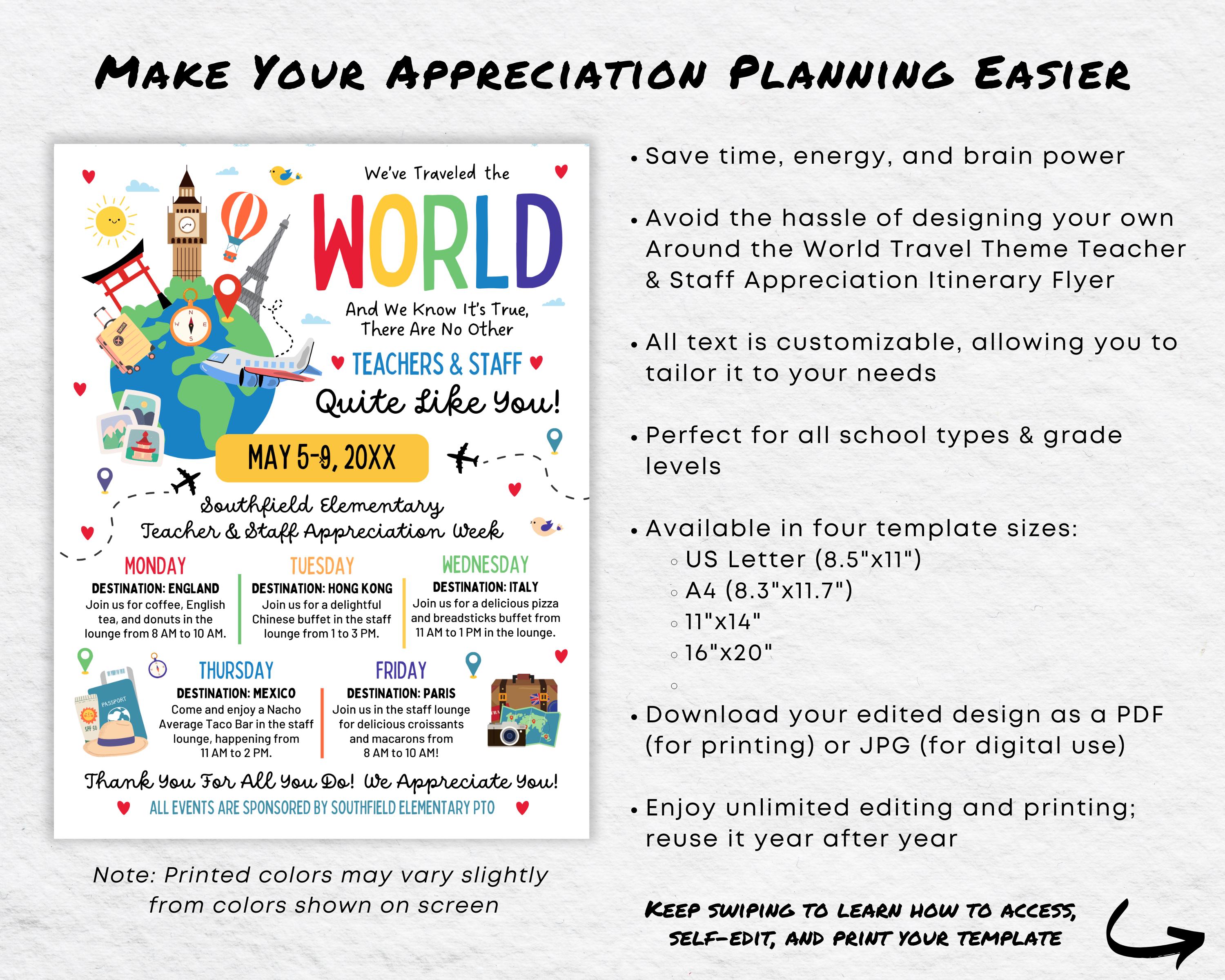 International Teacher Appreciation Week Itinerary Flyer (canva Template ...