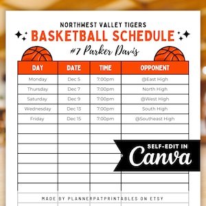 Editable Basketball Schedule Template: Canva Team Planner (Sizes Letter & A4) (Digital Download)