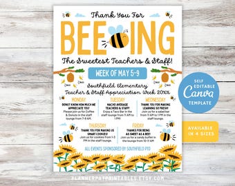 Puede incluir: Un horario imprimible de la semana de apreciación de los maestros con un tema de abeja. El horario incluye una semana de eventos para maestros y personal, que incluyen un desayuno de donas, una barra de tacos, una barra de ensaladas, un refrigerio de galletas y un buffet de dulces. El texto dice "Gracias por BEEING Los maestros y el personal más dulces! Semana del 5 al 9 de mayo Escuela primaria de Southfield Semana de apreciación de maestros y personal 20xx".