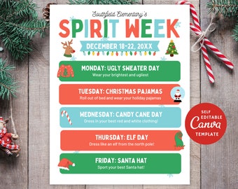 Editable Christmas Spirit Week Flyer Canva Template, School Spirit Schedule
