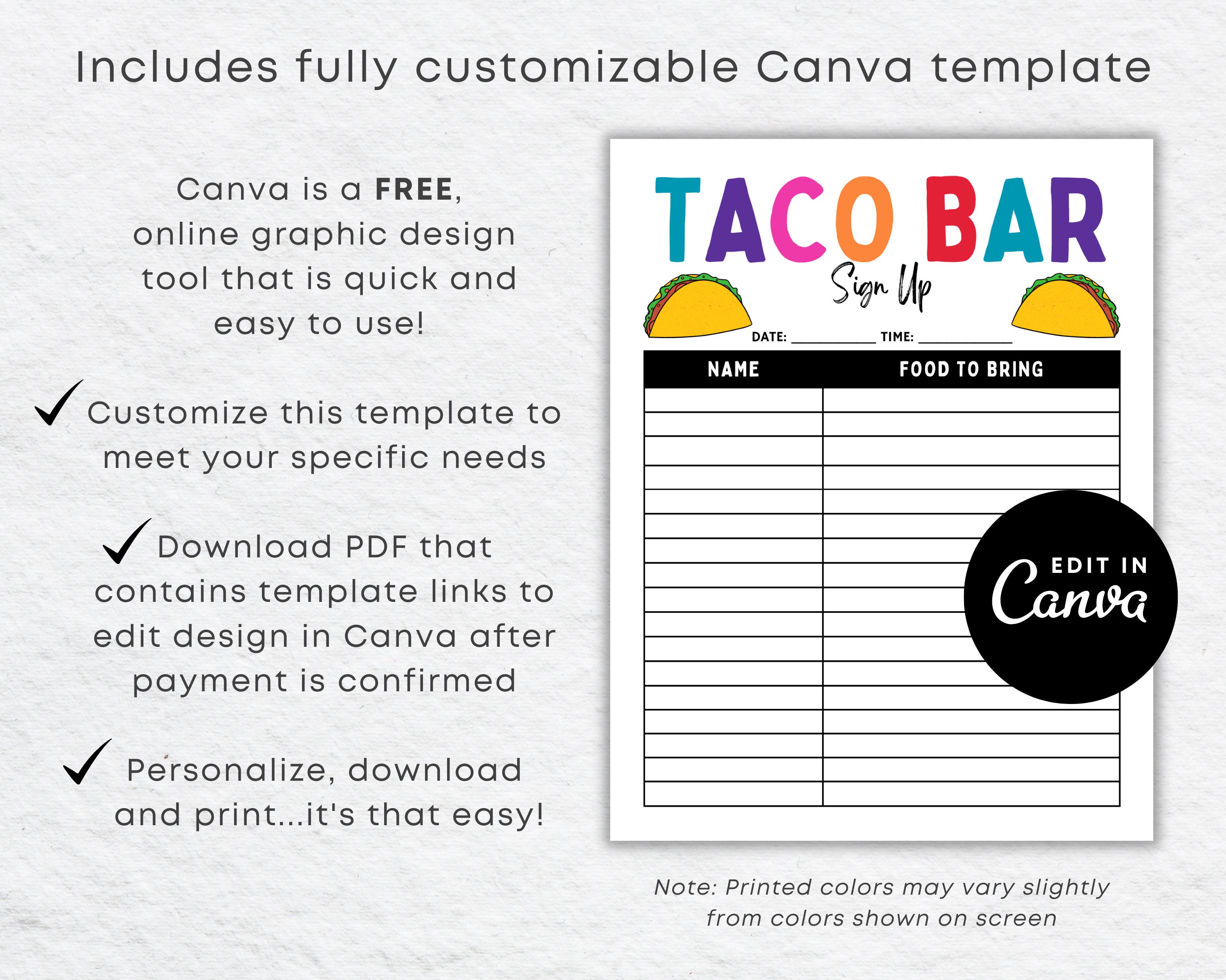 Taco Bar Sign Up Sheet Printable For Mexican Fiesta Potluck Etsy