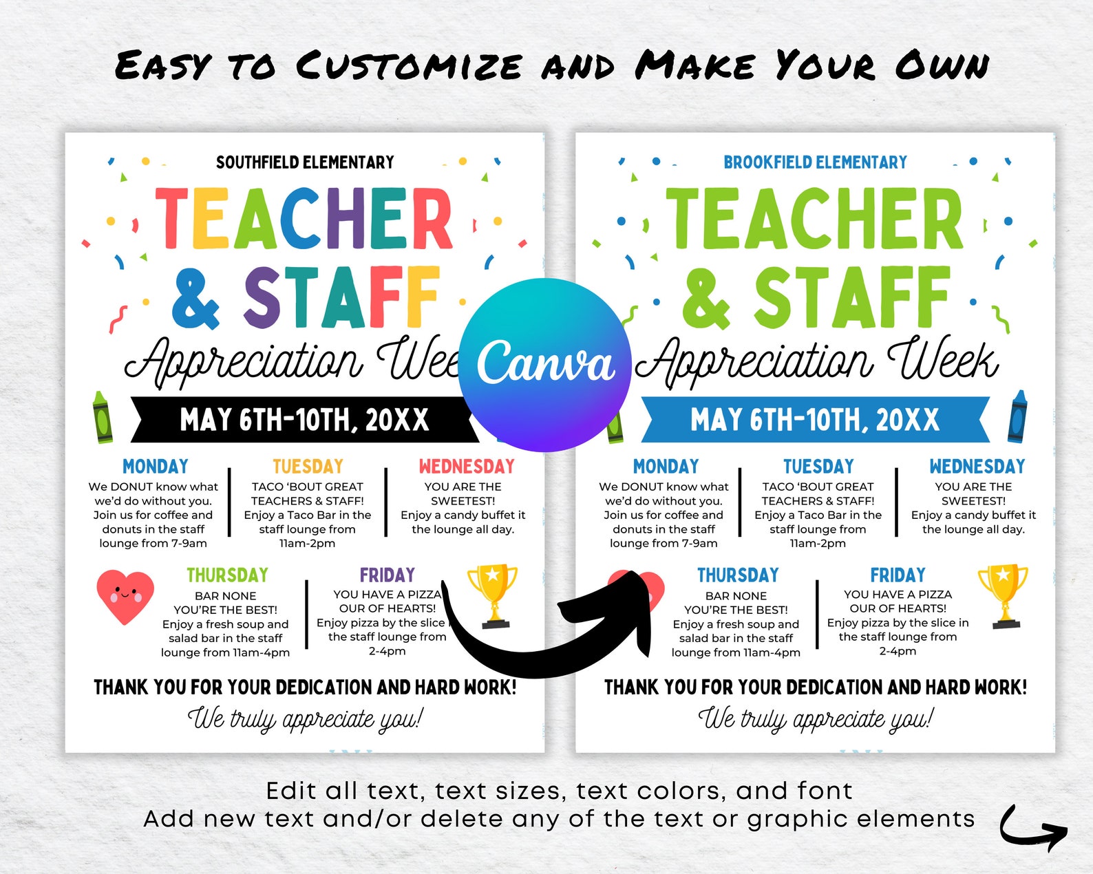Editable Teacher & Staff Appreciation Week Itinerary Flyer (canva ...