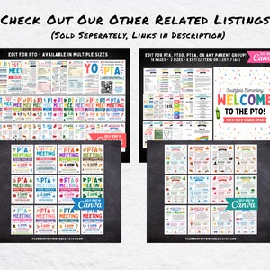 May include: Two printable designs for a Parent Teacher Association (PTA) meeting. The first design features a colorful welcome banner with the text "Welcome to the PTO!" and the second design features a colorful banner with the text "1st PTA Meeting". Both designs are editable in Canva.