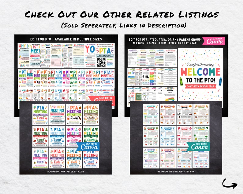 May include: Two printable designs for a Parent Teacher Association (PTA) meeting. The first design features a colorful welcome banner with the text "Welcome to the PTO!" and the second design features a colorful banner with the text "1st PTA Meeting". Both designs are editable in Canva.