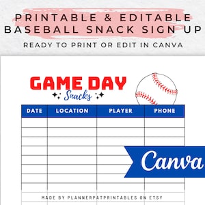 Baseball Snack Schedule Sign Up Sheet Editable Canva Template Printable