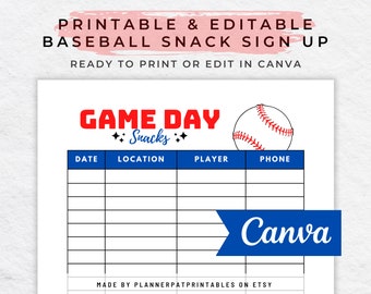 Baseball Snack Schedule Sign Up Sheet Editable Canva Template Printable