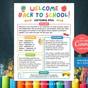 Plantilla editable de boletín de regreso a clases, editable en Canva para maestros, jardín de infantes, aula, preescolar, director o asociación de padres y maestros (PTA).