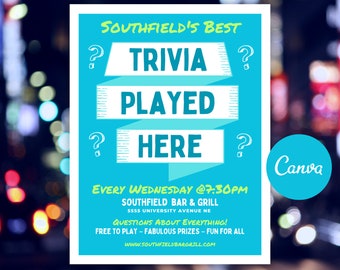 Trivia Night Flyer Editable Template for Pub Quiz Night, Canva