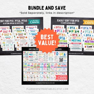 May include: A bundle of editable PTO, PTSA, and PTSO templates in various sizes, including 8.5x11in and A4. The templates are designed for newsletters and meeting announcements, with a variety of colorful designs and the text "BUNDLE AND SAVE".