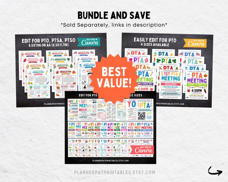 May include: A bundle of editable PTO, PTSA, and PTSO templates in various sizes, including 8.5x11in and A4. The templates are designed for newsletters and meeting announcements, with a variety of colorful designs and the text "BUNDLE AND SAVE".