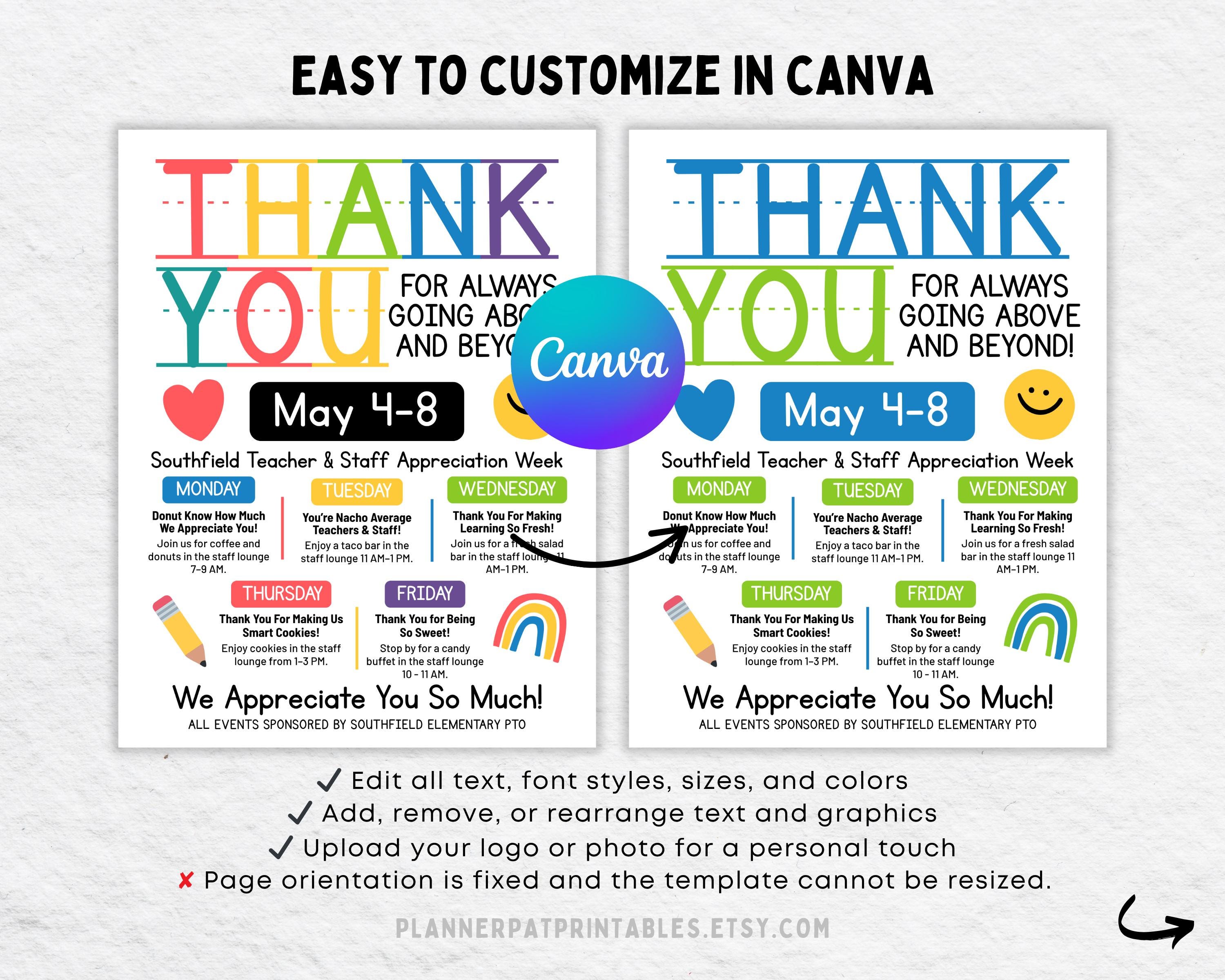 Thank You Theme Teacher Appreciation Week Itinerary Flyer, School Staff ...