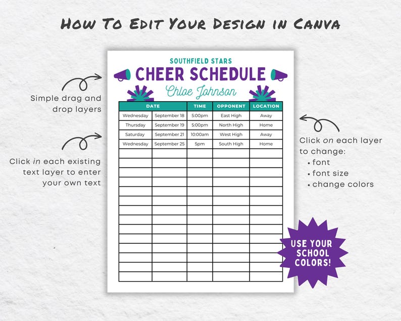Editable Cheer Schedule Template, Cheerleader Practice or Game Calendar ...