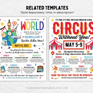 May include: Two colorful event flyers with the text "We've Traveled the World" and "Circus Without You!" The flyers promote a Teacher & Staff Appreciation Week with daily activities. The flyers include dates, destinations, and event details.