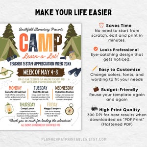May include: A printable flyer with a camping theme, featuring the text "CAMP Learn-a-Lot!" and details for Teacher & Staff Appreciation Week. Includes a schedule with daily activities and icons like a tent, binoculars, and compass.