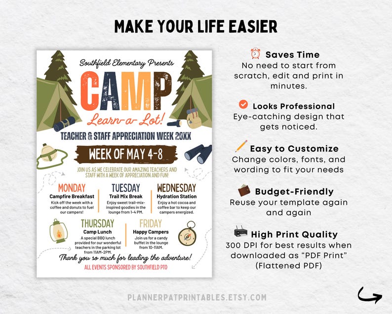 May include: A printable flyer with a camping theme, featuring the text "CAMP Learn-a-Lot!" and details for Teacher & Staff Appreciation Week. Includes a schedule with daily activities and icons like a tent, binoculars, and compass.