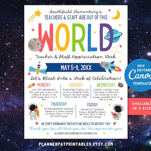 Editable Space Theme Teacher & Staff Appreciation Outer Space Itinerary Flyer Canva Template Printable