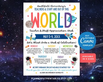 Editable Space Theme Teacher & Staff Appreciation Outer Space Itinerary Flyer Canva Template Printable