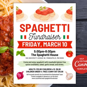 Bearbeitbarer Spaghetti Dinner Flyer Canva Template, DIY Spaghetti Fundraiser Printable