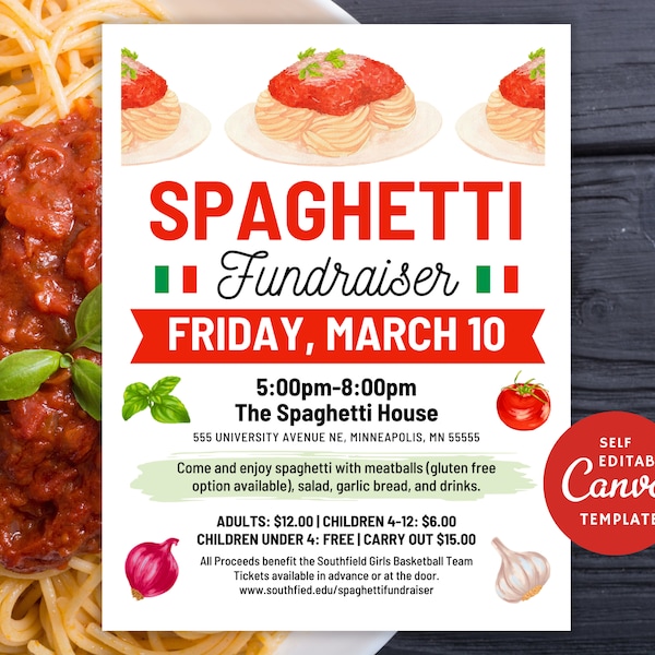 Editable Spaghetti Dinner Fundraiser Flyer, Charity Event, Canva Template