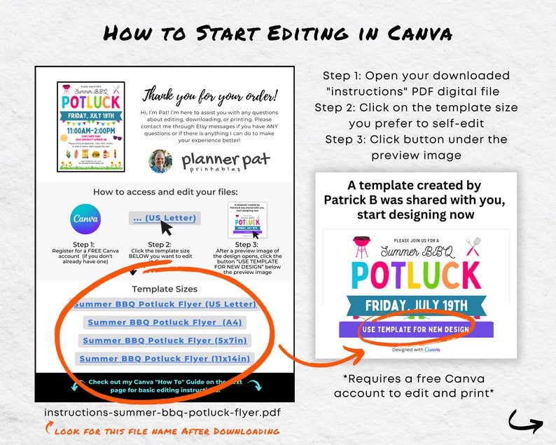 May include: A guide on how to edit a Canva template for a Summer BBQ Potluck Flyer. The guide includes instructions on how to access and edit the template, as well as different template sizes available. The image also shows a preview of the flyer with the text "Summer BBQ Potluck" and "Friday, July 19th".