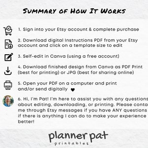 May include: A step-by-step guide on how to use a digital planner. The guide includes instructions on how to sign into Etsy, download the planner, edit it in Canva, and print it. The guide also includes a message from the creator, Pat, offering assistance with any questions.