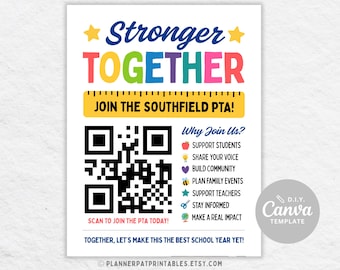 Editable Join the PTA PTO Flyer Template, Stronger Together Recruitment Poster (Canva)