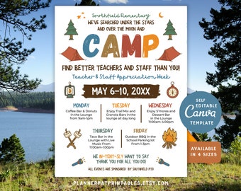 Folleto de itinerario de campamento editable con tema de campamento para el Día de agradecimiento a maestros y personal, plantilla de Canva, horario imprimible