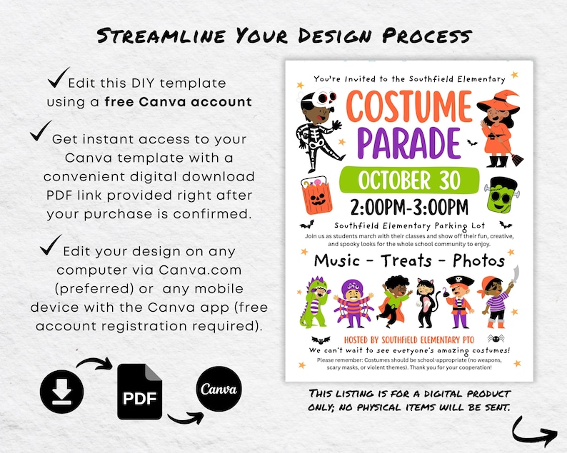 Editable Halloween Costume Parade Flyer Canva Template | Elementary ...