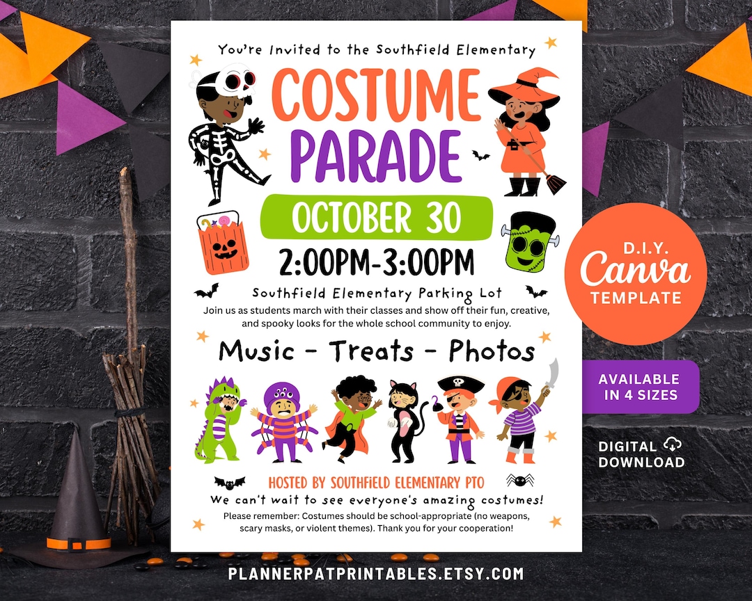 Editable Halloween Costume Parade Flyer Canva Template | Elementary ...