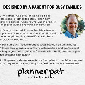 May include: Cream-colored graphic with the text "DESIGNED BY A PARENT FOR BUSY FAMILIES." Includes a photo of a man and the words "Planner Pat Printables." The text describes Canva templates for parents and teachers.