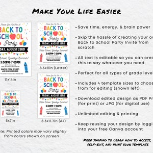 May include: Four printable templates for a Back to School party invitation. The templates are in different sizes: 11x14 inches, 8.5x11 inches, 8.3x11.7 inches, and 5x7 inches. The invitations feature a red apple, colorful crayons, and the text "Back to School Party".