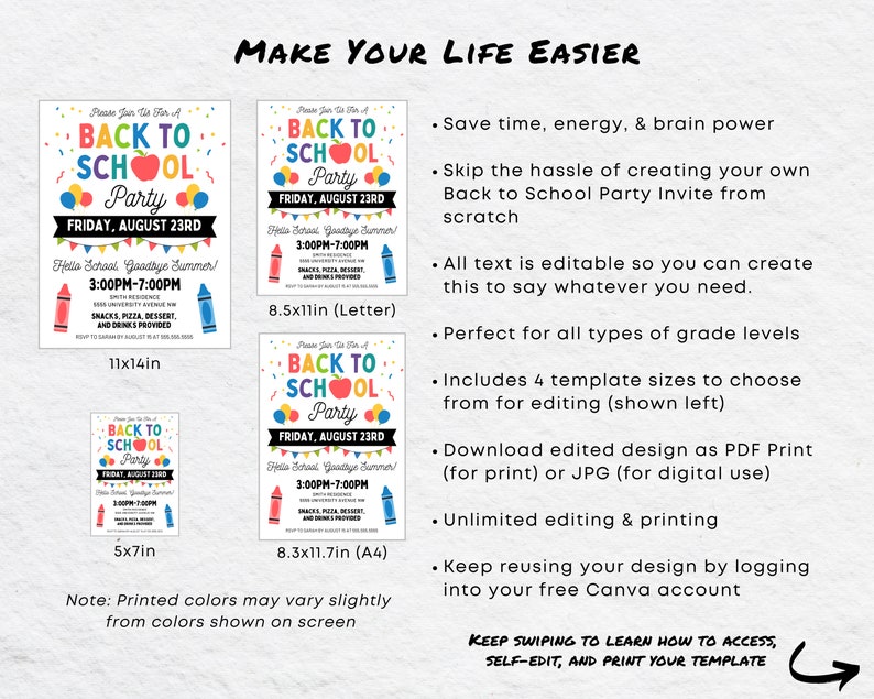 May include: Four printable templates for a Back to School party invitation. The templates are in different sizes: 11x14 inches, 8.5x11 inches, 8.3x11.7 inches, and 5x7 inches. The invitations feature a red apple, colorful crayons, and the text "Back to School Party".