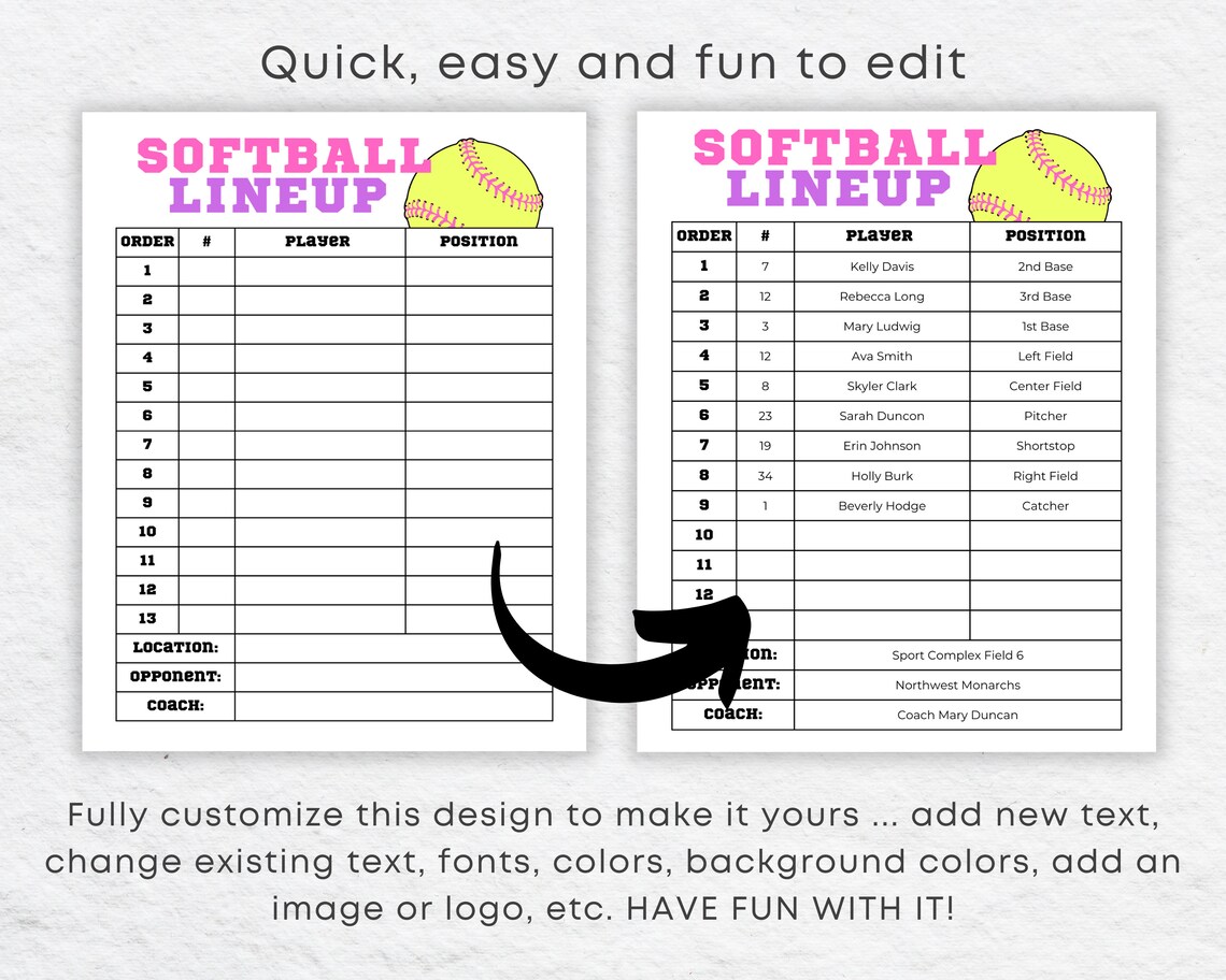 Editable Softball Line up Roster and Batting Order DIY Canva Etsy