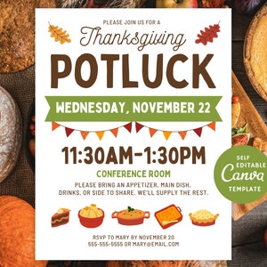 Thanksgiving Potluck Flyer: Editable Fall Appreciation Invitation (Canva Template)